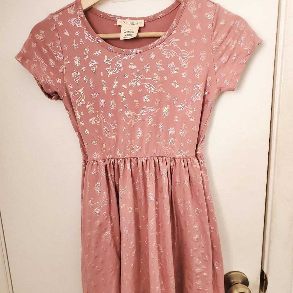 Soho Blue Mauve Purple Unicorn Short Sleeve Dress Girls Size 12